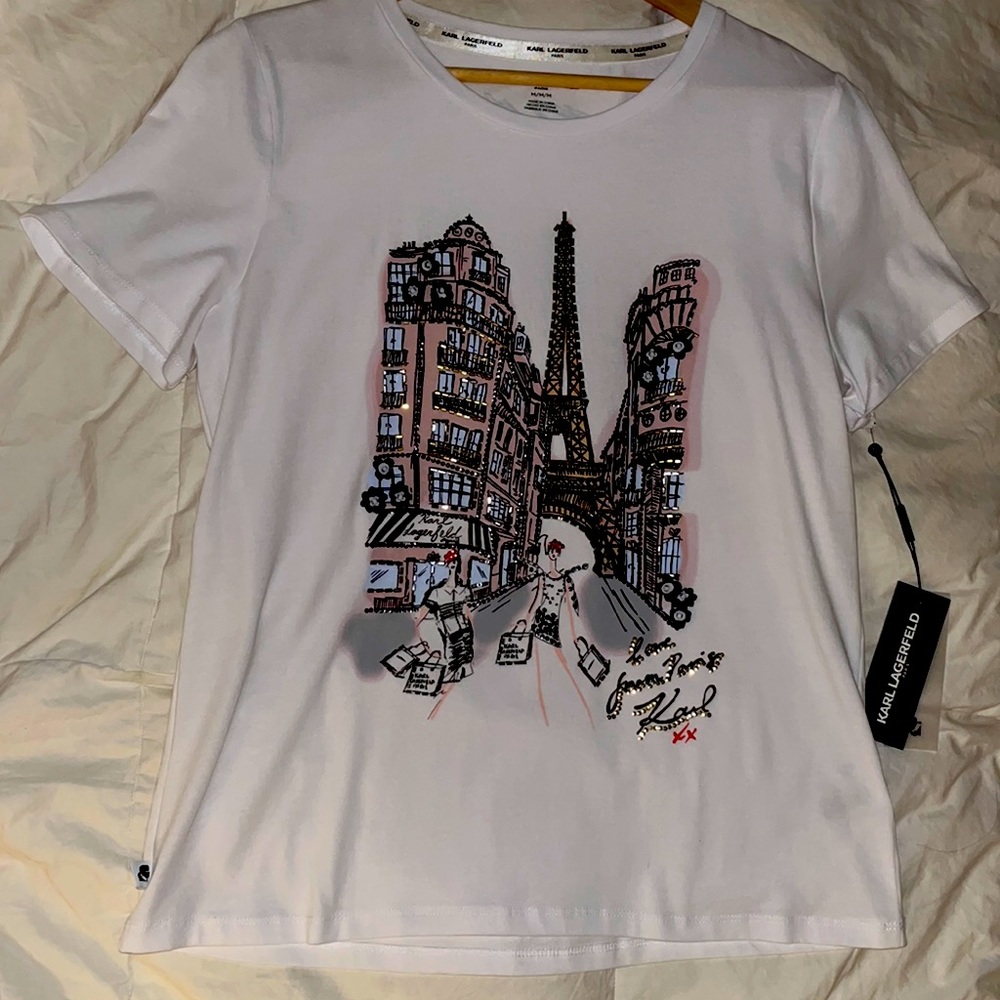 KARL LAGERFELD WHITE TEE WITH PARIS PRINT & DETAILS